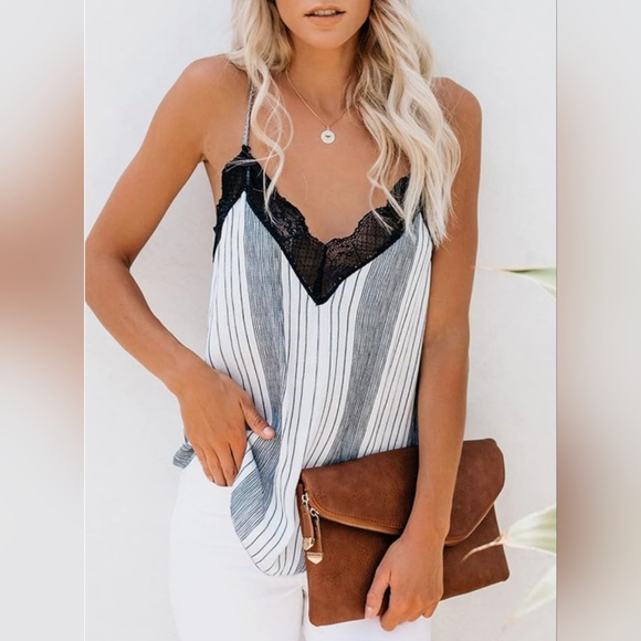 V Neck Racerback Lace Striped Cami - Picture 2 of 10